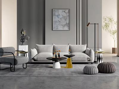 Modern Living Room With Gray Sofa Coffee Table Set Artwork Floor Lamp And Ottomans 3d model