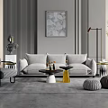 Modern Living Room With Gray Sofa Coffee Table Set Artwork Floor Lamp And Ottomans