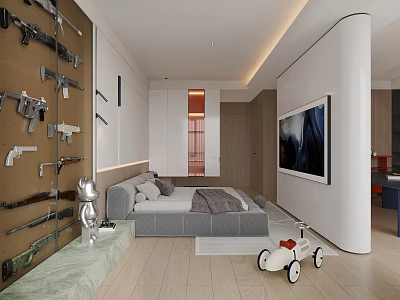 Modern Kids Room Interior With Toy Guns Display Wall Bed White Cabinets And Toy Car 3d model