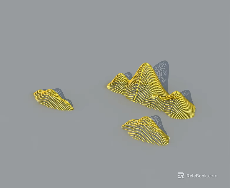 Yellow Hinged Door With Wavy Pattern In Different Sizes On Gray Background 3d model 