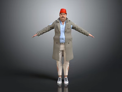 Man Wearing Red Cap Light Blue Shirt And Beige Long Coat With Arms Outstretched 3d model