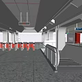 Modern Station Entrance Area With Red Turnstiles And Passengers Walking Through