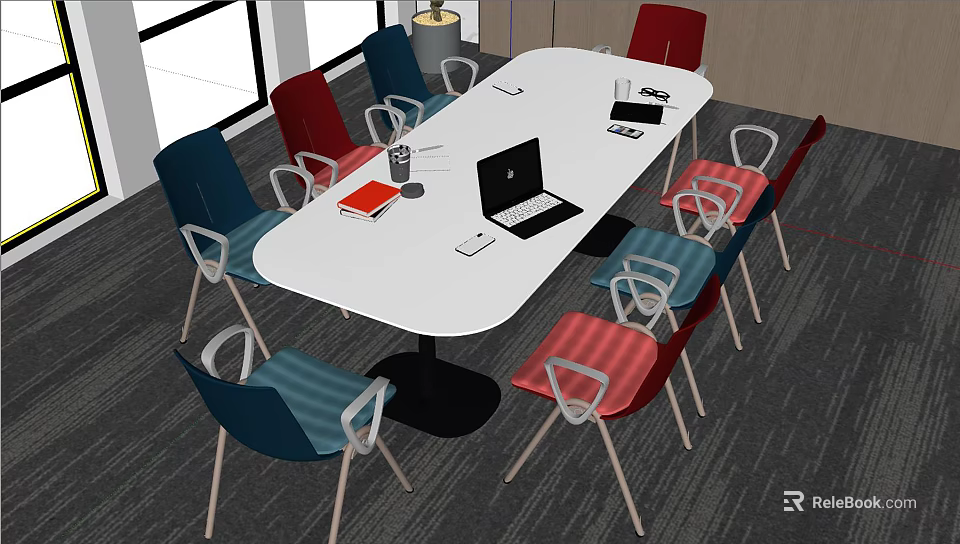 White Oval Conference Table With Laptop Documents Cup And Colorful Chairs In Modern Meeting Room 3d model 