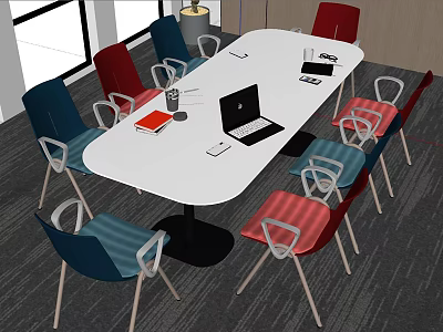 White Oval Conference Table With Laptop Documents Cup And Colorful Chairs In Modern Meeting Room 3d model