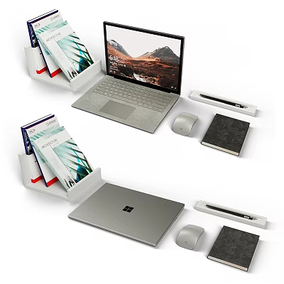 Modern Laptop Setup With Wireless Mouse Stylus Pen Notebook And Books 3d model
