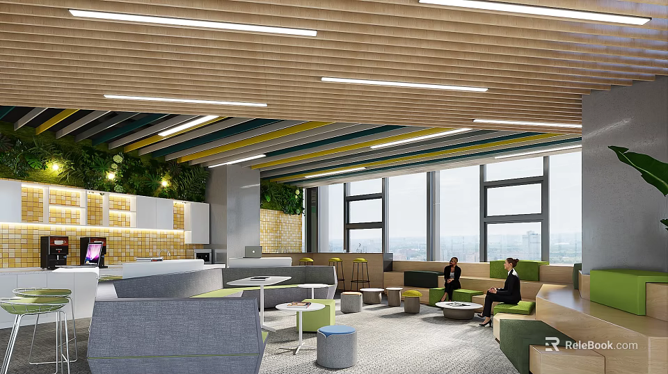 Modern Break Room Interior Design With Comfortable Seating Green Plants And Large Windows 3d model 