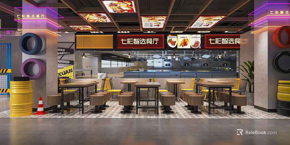 Qibagu Sauce Bone Rice Restaurant In Mall With Dining Tables And Counter 3d model 