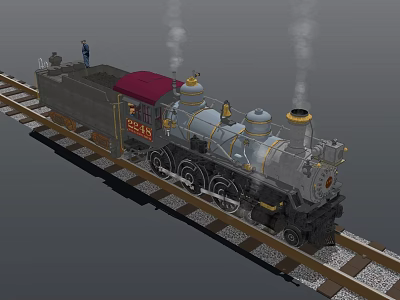 Gray Steam Train Locomotive With Red Roof Black Wheels Emitting Steam On Railroad Tracks 3d model