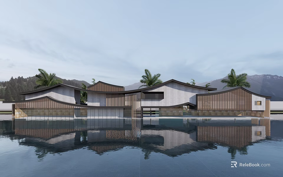 Modern Style Sales Office Building With Unique Roof Palm Trees And Water Reflection Mountain View 3d model 