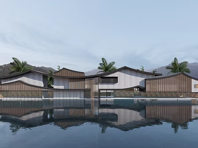 Modern Style Sales Office Building With Unique Roof Palm Trees And Water Reflection Mountain View 3d model
