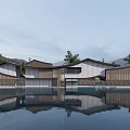 Modern Style Sales Office Building With Unique Roof Palm Trees And Water Reflection Mountain View