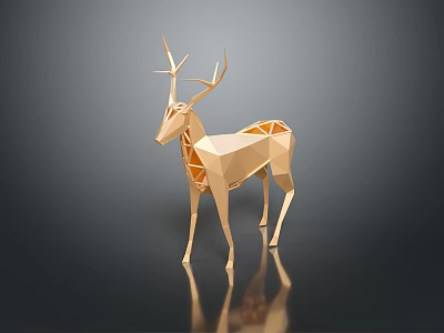 Golden Polygonal Deer Sculpture Model on Dark Background with Shiny Reflection 3d model