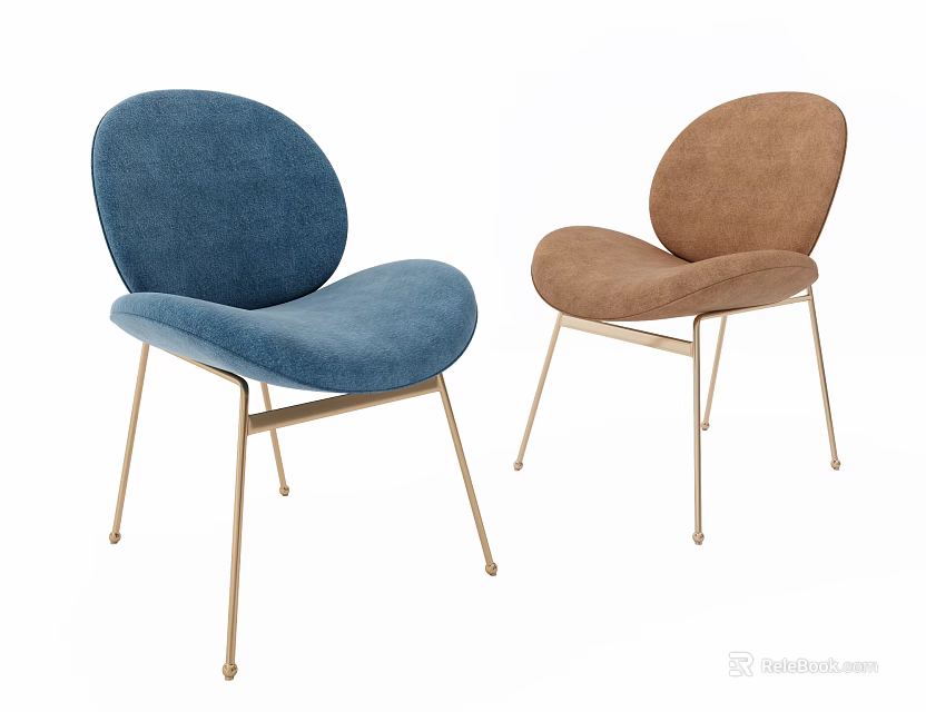 Modern Upholstered Dining Chairs in Blue and Brown with Curved Backrests and Gold Metal Legs 3d model 