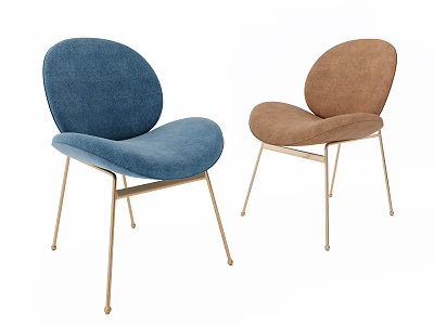Modern Upholstered Dining Chairs in Blue and Brown with Curved Backrests and Gold Metal Legs 3d model