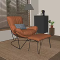Modern Orange Lounge Chair with Ottoman Checkered Pillow Near Window Blinds Black Dresser and Potted Plant