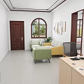 Office Space With Arched Window Green Chairs Beige Sofa Wooden Coffee Table And Wall Paintings