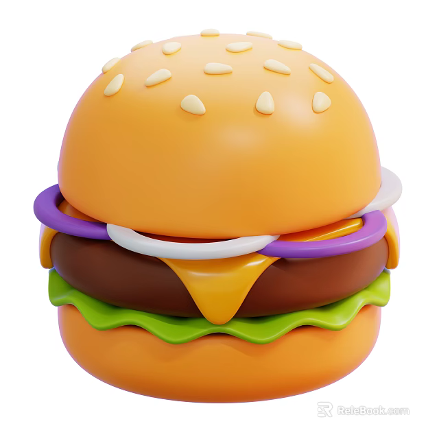 Delicious Hamburger With Sesame Seed Bun Purple Onion Rings Cheese And Green Lettuce 3d model 