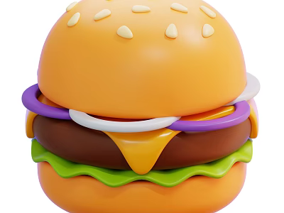 Delicious Hamburger With Sesame Seed Bun Purple Onion Rings Cheese And Green Lettuce 3d model