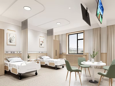 Bright Modern Hospital Outpatient Clinic With Beds Window Table Chairs And Wall Paintings 3d model