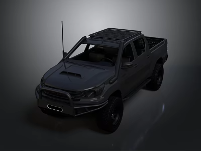 Black Pickup Truck With Roof Rack Antenna And Off Road Tires 3d model