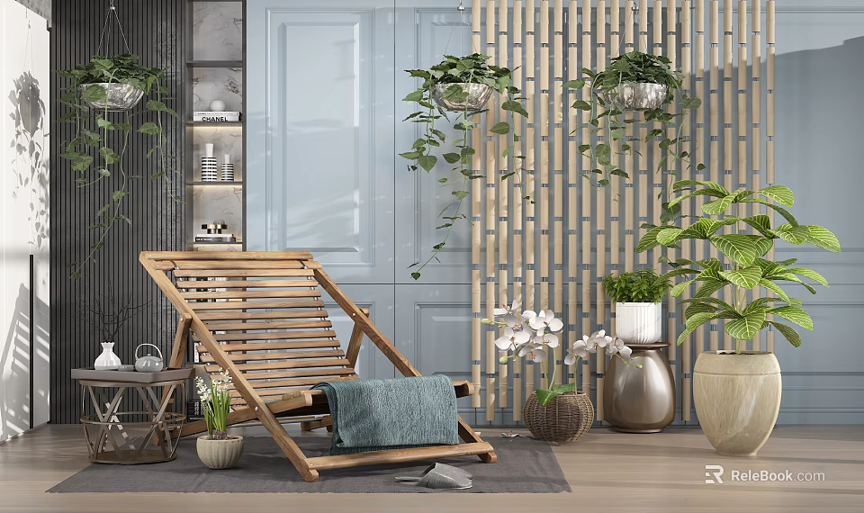 Wooden Lounge Chair With Blue Towel In Indoor Space With Hanging Plants And Wooden Screen 3d model 