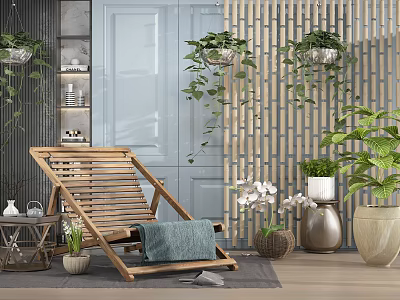 Wooden Lounge Chair With Blue Towel In Indoor Space With Hanging Plants And Wooden Screen 3d model