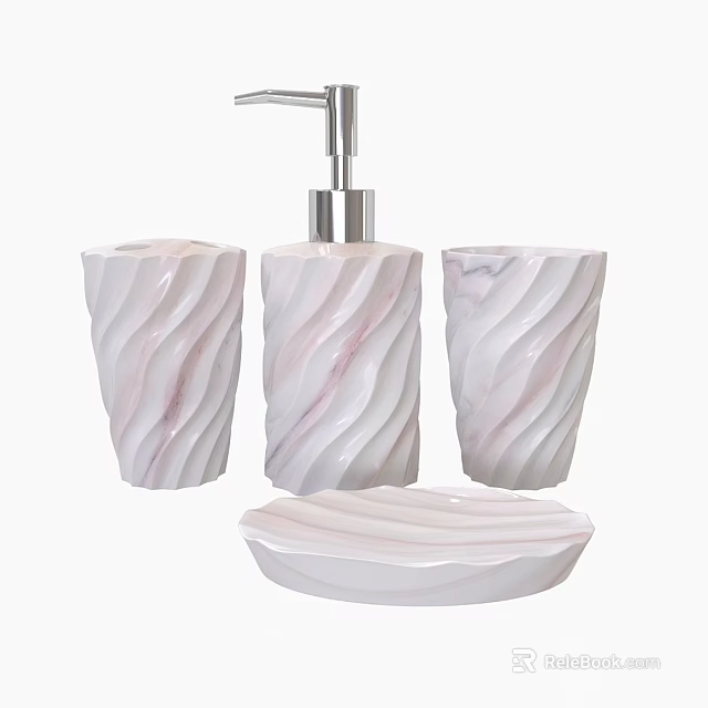 Elegant Bathroom Accessories Featuring Swirl Design Marble Pattern Soap Dispenser Cups And Soap Dish 3d model 