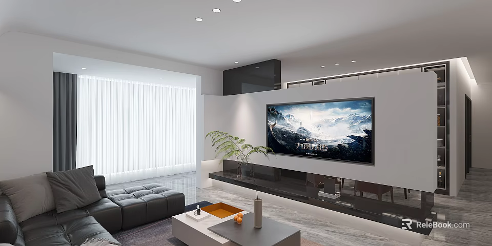 Bright Modern Minimalist Living Room With Wall Mounted TV Cozy Sofa And Ample Natural Light 3d model 