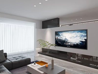 Bright Modern Minimalist Living Room With Wall Mounted TV Cozy Sofa And Ample Natural Light 3d model