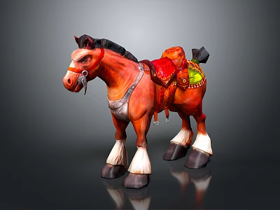 Brown decorative horse model with black mane red saddle green details and white hooves 3d model