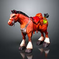 Brown decorative horse model with black mane red saddle green details and white hooves