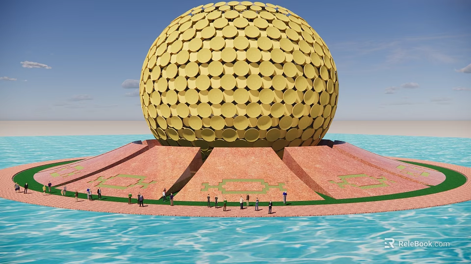 Golden Spherical Building With Red Base Surrounded By Water And People 3d model 