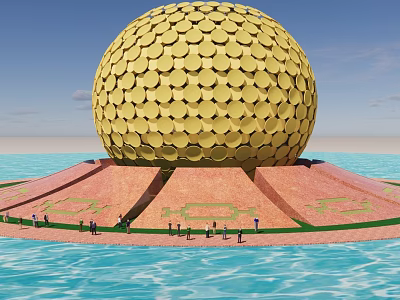Golden Spherical Building With Red Base Surrounded By Water And People 3d model