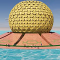 Golden Spherical Building With Red Base Surrounded By Water And People