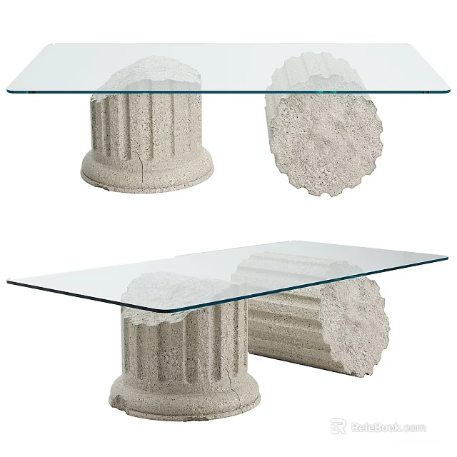 Modern Glass Top Dining Table With Textured Concrete Pillar Base Design 3d model 