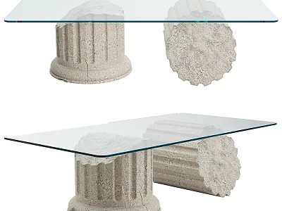 Modern Glass Top Dining Table With Textured Concrete Pillar Base Design 3d model