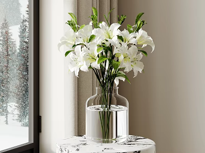Clear Glass Vase With White Lilies On Table By Window With Snowy Pine View 3d model