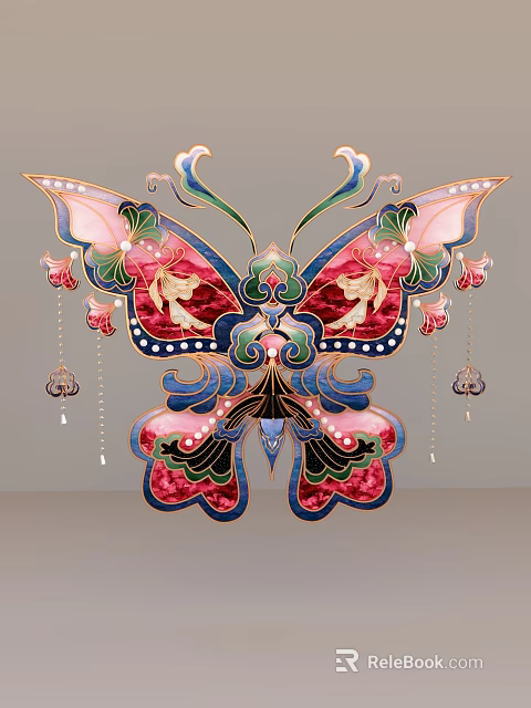 Ornate Colorful Butterfly Decorative Art with Jeweled Wings and Tassel Accents 3d model 