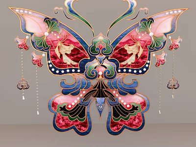 Ornate Colorful Butterfly Decorative Art with Jeweled Wings and Tassel Accents 3d model