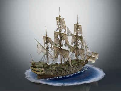 Old weathered sailing ship with multiple masts and tattered sails on blue waves 3d model