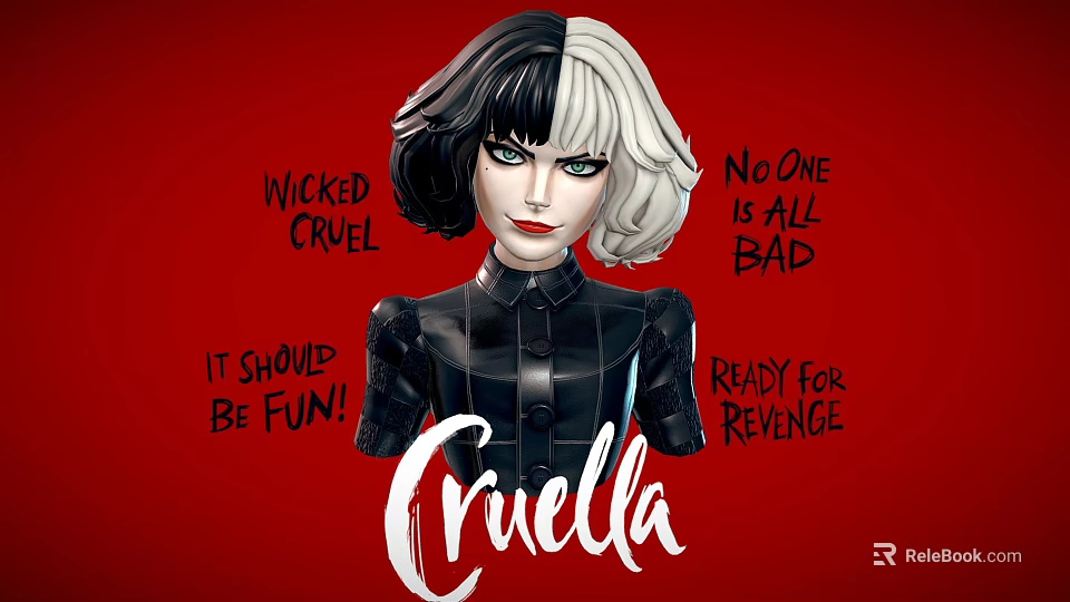Cruella Portrait With Black And White Hair Leather Outfit Red Background Ready For Revenge 3d model 
