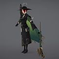 Witch Woman In Green And Black Robe With Black Wings Hat And Broomstick
