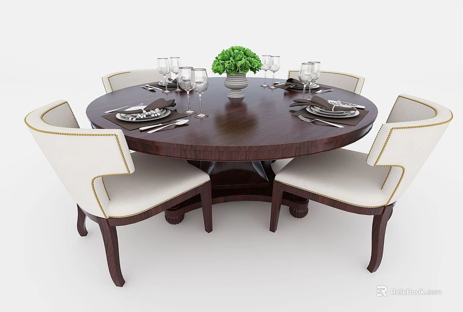 Round Dining Table With Dinnerware Wine Glasses Green Plant Centerpiece And Cream Upholstered Chairs 3d model 