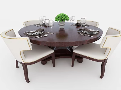 Round Dining Table With Dinnerware Wine Glasses Green Plant Centerpiece And Cream Upholstered Chairs 3d model
