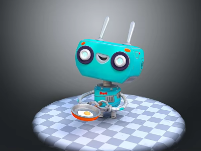 Blue Robot With Big Round Eyes And Antennas Standing On Checkerboard Platform Holding Frying Pan 3d model