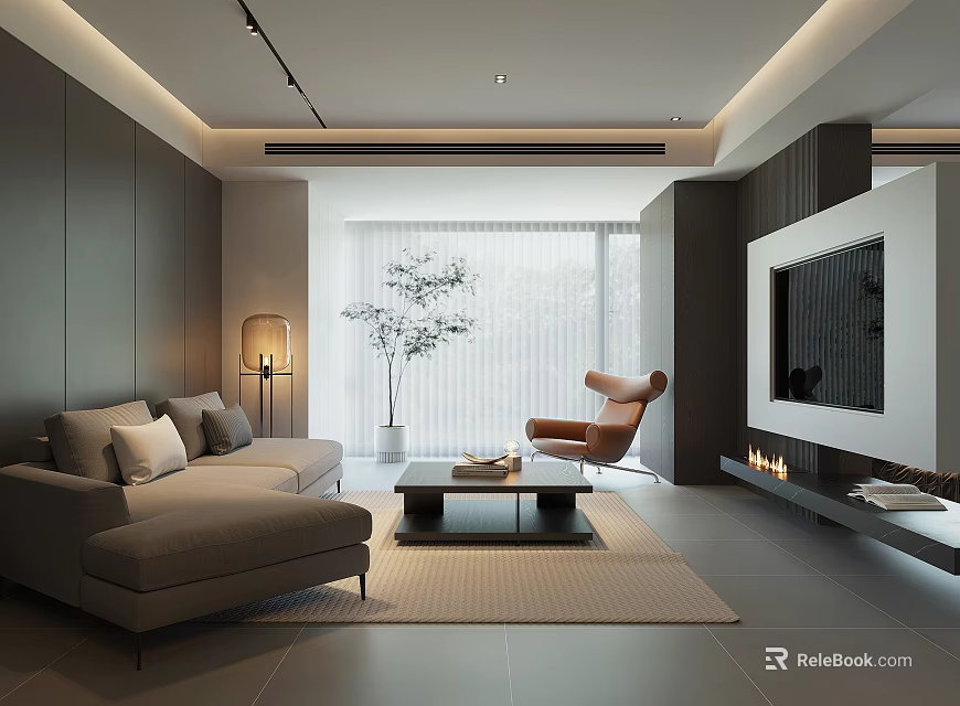 Modern Living Room Interior Design With Grey Sofa Accent Chair Coffee Table And Fireplace 3d model 