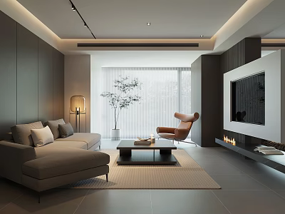 Modern Living Room Interior Design With Grey Sofa Accent Chair Coffee Table And Fireplace 3d model
