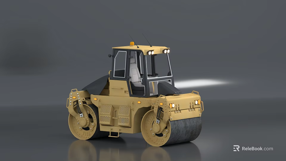 Yellow Road Roller Construction Vehicle With Cab And Double Drums Lights 3d model