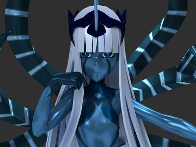 Blue Skinned Woman With Long White Hair Wearing Dark Crown And Blue White Striped Tentacles 3d model