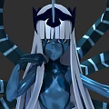 Blue Skinned Woman With Long White Hair Wearing Dark Crown And Blue White Striped Tentacles